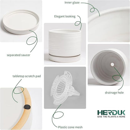 6 Inch Plant Pots, Ceramic Planter Pot with Drainage Hole & Saucer, Indoor/Outdoor Cylinder Round Planter Pot, Matte White
