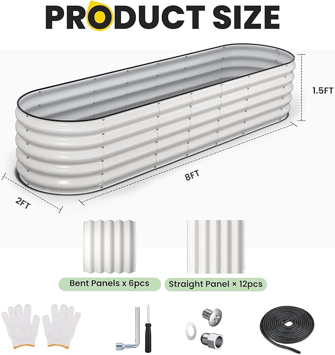 Galvanized Raised Garden Bed, 8x2x1.5 FT Oval Metal Planter Box for Outdoor, 18” Raised Beds for Gardening Vegetables Flower Herb(White)