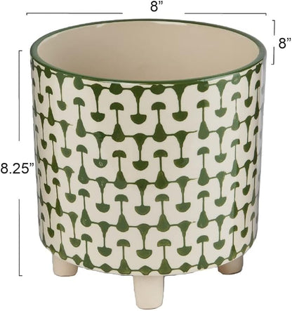Creative Co-Op Footed Stoneware Planter with Abstract Print, Green and White