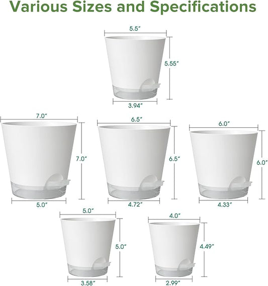 GARDIFE 2026 Upgraded Self Watering Plant Pots with Drainage Hole, 7/6.5/6/5.5/5/4 Inch Flower Planting Containers for House Plants, African Violet, Flowers, Cactus (White, 7+6.5+6+5.5+5+4 inch)