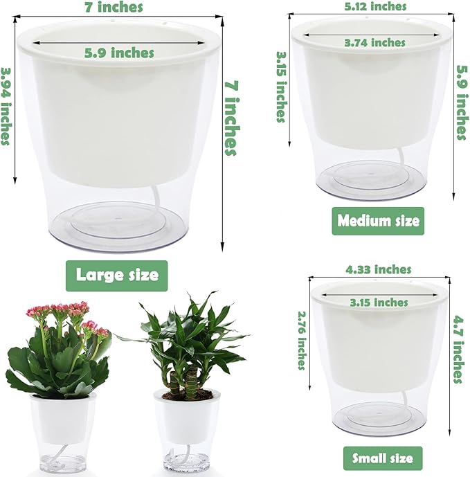 6 Pakcs Self-Watering Planters for Indoor Plants 7"/ 5.1"/ 4.3" Clear African Violet Pots Plastic Orchid Pots Wick Flower Pots, Large, Medium and Small Sizes, Home Decor Pot
