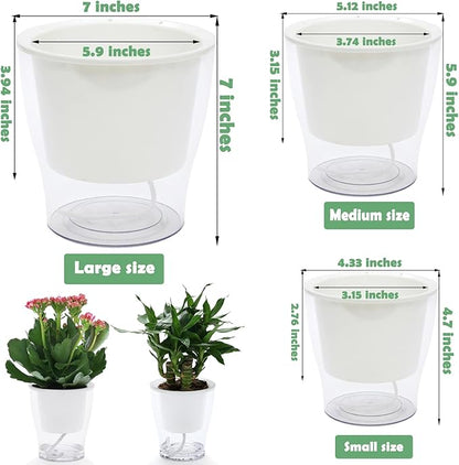6 Pakcs Self-Watering Planters for Indoor Plants 7"/ 5.1"/ 4.3" Clear African Violet Pots Plastic Orchid Pots Wick Flower Pots, Large, Medium and Small Sizes, Home Decor Pot