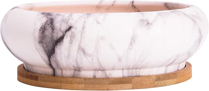 ARTKETTY Succulent Pots - 7.3 Inch Large Bonsai Pots with Drainage Tray, Ceramic Pots for Indoor Plants, Shallow Succulent Planters Marble Cactus Flower Plant Container Bowl