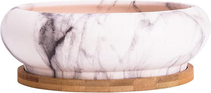 ARTKETTY Succulent Pots - 7.3 Inch Large Bonsai Pots with Drainage Tray, Ceramic Pots for Indoor Plants, Shallow Succulent Planters Marble Cactus Flower Plant Container Bowl