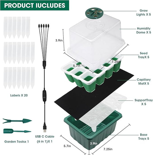 Seed Starter Tray with Grow Light,5 Pack 60 Cells Seedling Tray Kit Reusable & Dishwasher Safe for Starting Vegetable, Flower & Herb Seeds Indoor Grow Kit for Deep-Rooted Seedlings