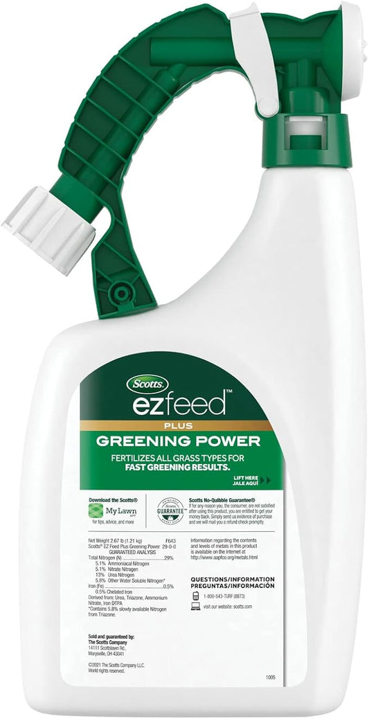 Scotts EZ Feed Plus Greening Power: 2,000 sq. ft., Works Quickly, Fertilizer for Green Lawns, Use on All Grass Types, 32 oz.