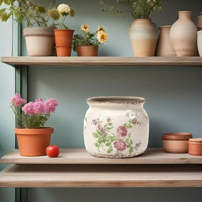 Vintage Floral Ceramic Planter, 2 Pack Flower Pot Rustic Flower Pot Container with Drainge Hole, Ice Crack Plant Pot Decorative Planter for Indoor and Outdoor Tuscan Decor Vase Gardening Gift