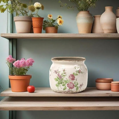 Vintage Floral Ceramic Planter, 2 Pack Flower Pot Rustic Flower Pot Container with Drainge Hole, Ice Crack Plant Pot Decorative Planter for Indoor and Outdoor Tuscan Decor Vase Gardening Gift