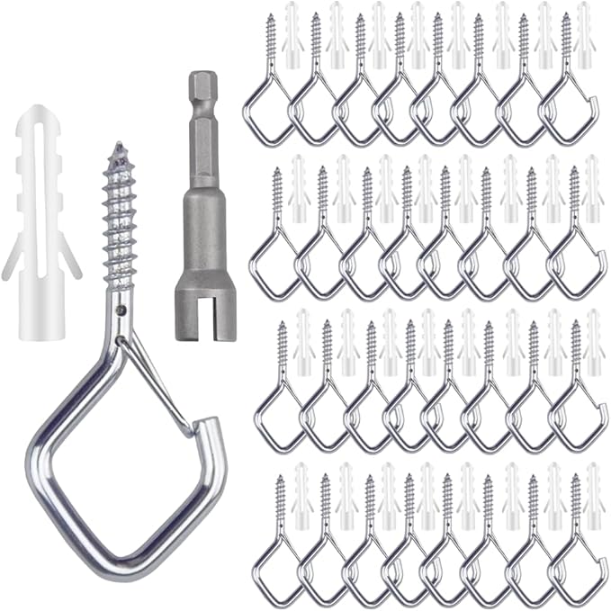 52-Pack Heavy-Duty Silver Screw Eye Hooks with Safety Clips | Metal Ceiling Hooks for Hanging Plants, Wind Chimes, Bird Feeders & Indoor/Outdoor Lights