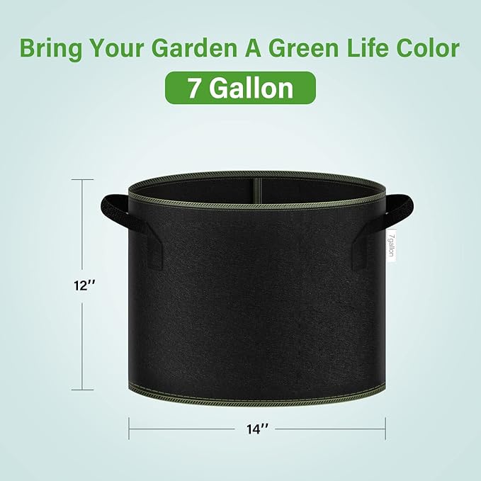 iPower 7-Gallon 10-PCS Thickened Grow Bag Nonwoven Fabric Pots with Handles Heavy Duty Aeration Container for Garden and Planting Vegetable Flowers, Black with Green Stitch Sewing