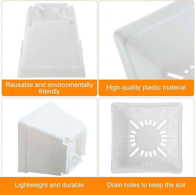 Amyhill 4 Inch Flower Pots Square Plants Nursery Pot Plastic Plant Seedling Pots Nursery Transplanting Planter Container with Saucer for Indoor Herbs Succulent Balcony Garden(White,100 Pcs)