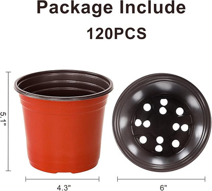 6 Inch 120 Pack Plastic Nursery Pots with Drainage Holes,Plastic Seed Starting Pots, Reusable Seedling Flower Plant Container for Succulents, Seedlings, Cuttings, Transplanting