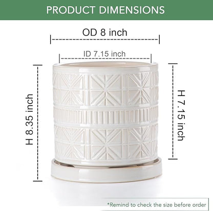 Ceramic Plant Pots Indoor-Outdoor: 8 Inch Embossed Planters with Drainage Hole & Saucer - Modern Decorative Flower Pots for Home Garden Patio Office Decor