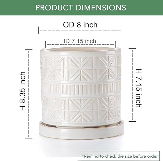 Ceramic Plant Pots Indoor-Outdoor: 8 Inch Embossed Planters with Drainage Hole & Saucer - Modern Decorative Flower Pots for Home Garden Patio Office Decor