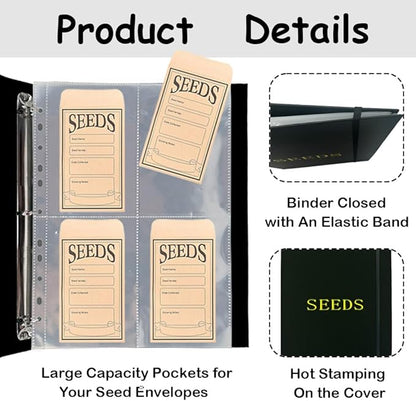 Seed Storage Organizer Binder,3 Ring Seed Packet Organizer with 100 Pockets(25 Pack Clear Sheet Protectors), Garden Seed Holder Book for Envelopes, Seed Keeper, Black