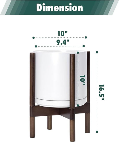 D'vine Dev Ceramic Planter with Walnut Color Stand - 10 Inch Modern Round Flower Pot with Wood Planter Holder, White, 55-B-X-1