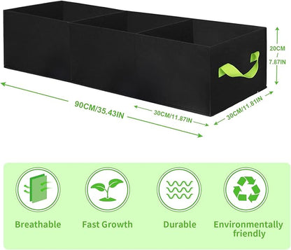 ANGELIOX 2Pcs Grow Bags, 3-Grids Rectangle Grow Bag,14 Gallon Thickened 400G Fabric Garden Bed, Nonwoven Square Flower Planter Containers for Flowers,Vegetable,Fruit, Growing Pots with Handles