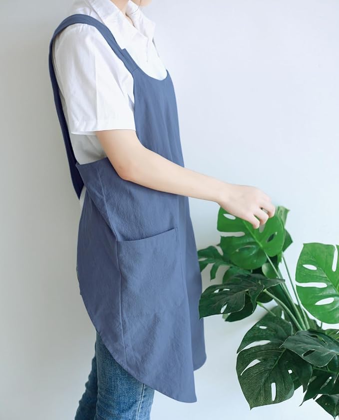 NEWGEM Japanese Linen Cross Back Cooking Aprons for Women Men with Pockets Cute for Baking Kitchen