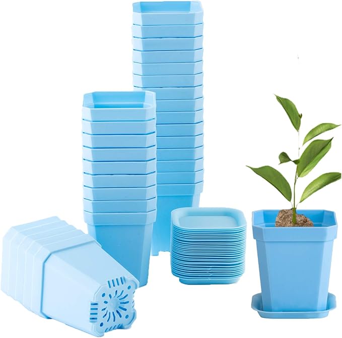 foxany 3" Plants Nursery Pot, 30 Pcs Thick Plastic Square Flower Planting Pots, Plant Seedling Pots, 30 Seed Starting Pots with 30 Saucers -Blue