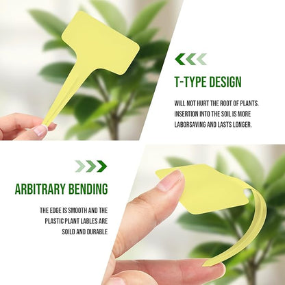 Plant Labels 200 Pcs Yuanling T-Type Plastic Garden Tags Waterproof Plant Sign Stakes Nursery Garden Makers for Seedlings Flower Vegetables Herb Potted Belt Permanet Marker Pen (Yellow)