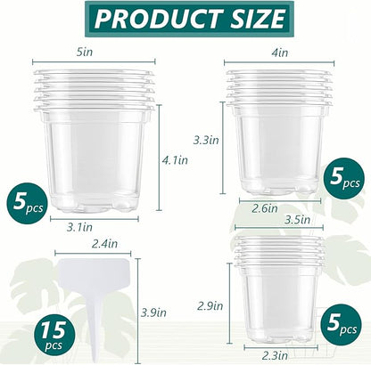 MAFONE Clear Nursery Pots 5/4/3.5 Inch, Plastic Seed Starter High Transparency Plastic Seedling Plant Pot with Drainage Holes15 Labels (15Pcs)