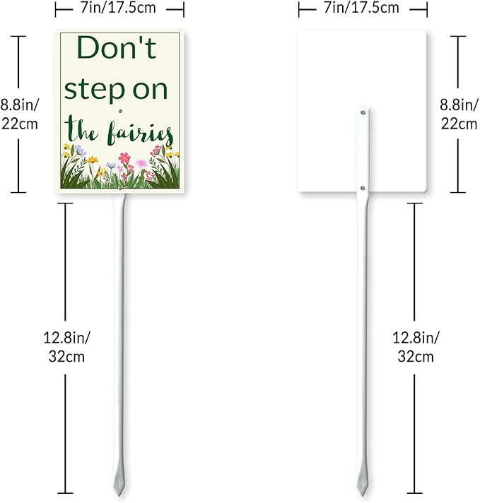 Garden Sign With Stake Don't Step On The Fairies Aluminium Sign 7X8.8Inch Wildflower Sign Retro Yard Metal Signs Lawn Grass Outdoor Aluminium Wall Decor And 12.8" Stake Kit