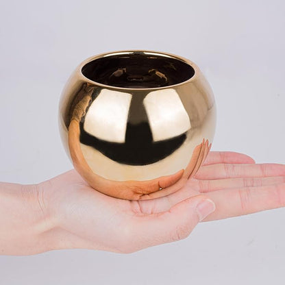 Gold Spherical Ceramic Plant Pots Succulent Small Planter Indoor Modern Round Decorative Indoor-Outdoor Garden Plant Pots with Drainage Holes - Plants Not Included 3.94 x 3.94 x 3.15 Inch
