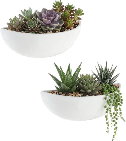 MyGift White Ceramic Wall Planters for Indoor Plants, Half Bowl Hanging Vase, Wall Mounted Succulent Planters, Set of 2