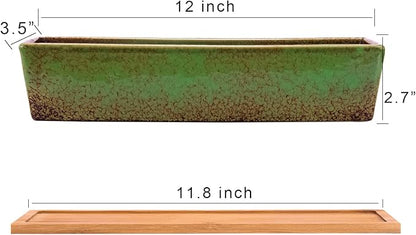 ARTKETTY Succulent Pots - Large Succulent Planter Pots with Drainage, 12 Inch Long Rectangle Bonsai Pot with Bamboo Tray Shallow Ceramic Cactus Flower Planter Window Box for Home Garden Decor (Green)