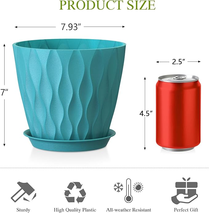 Plastic Plant 8 Inch, 4 Pack with Drainage Holes & Saucers, Water Wave Decorative Plant Pots for Indoor Outdoor Plants, Patio, Garden, Home Decor (4, Blue)