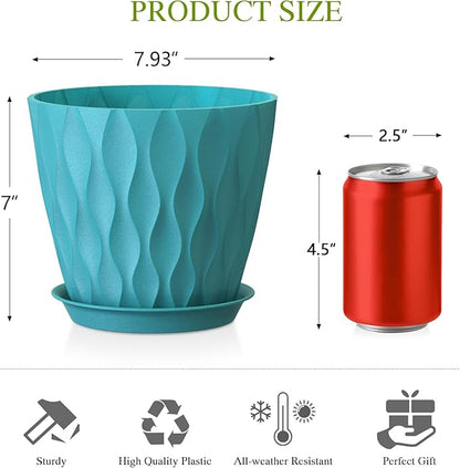 Plastic Plant 8 Inch, 4 Pack with Drainage Holes & Saucers, Water Wave Decorative Plant Pots for Indoor Outdoor Plants, Patio, Garden, Home Decor (4, Blue)
