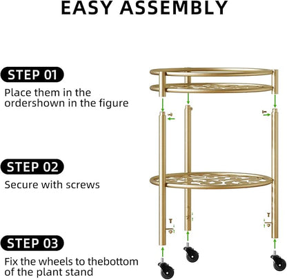 2 Tier Rolling Plant Stand with Wheels, Mid Century Modern Metal Stand for Planters, 2 Sizes 9 Inch & 11 Inch, Indoor Outdoor Movable Flower Pot Holder for Decor Home Garden Patio Load Bearing 165 LB 2 Pack Gold
