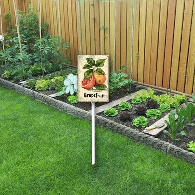 Uptell Vintage Aluminum Grapefruit Fruit Signs Yard Sign with Stake for Garden Fruit Garden Label Stakes Plant Markers for Outdoor Plants Waterproof 8x12 inch