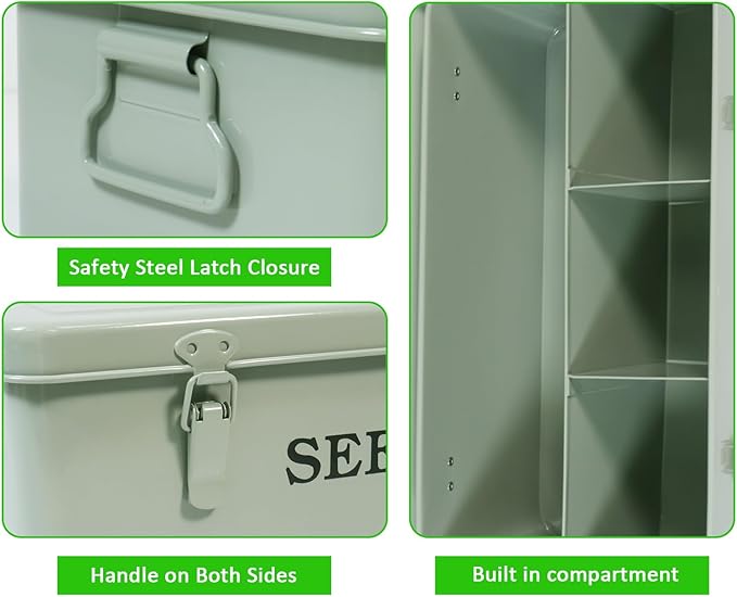 Seed Storage Organizer,Metal Seed Saving Box with Lid and Safety Locks, 4 Compartment Seeds Saver Kit with 2 Pens,20 Plant Labels and 50 Seeds Envelopes, Green Gardening Gift