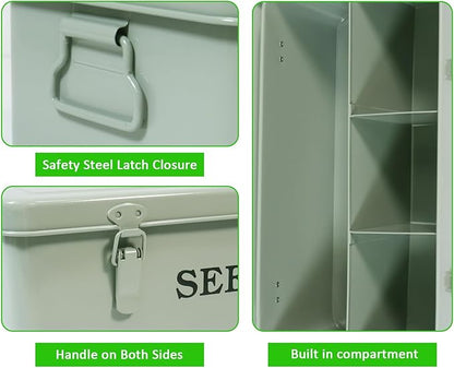 Seed Storage Organizer,Metal Seed Saving Box with Lid and Safety Locks, 4 Compartment Seeds Saver Kit with 2 Pens,20 Plant Labels and 50 Seeds Envelopes, Green Gardening Gift