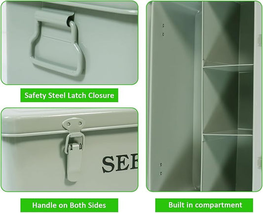 Seed Storage Organizer,Metal Seed Saving Box with Lid and Safety Locks, 4 Compartment Seeds Saver Kit with 2 Pens,20 Plant Labels and 50 Seeds Envelopes, Green Gardening Gift