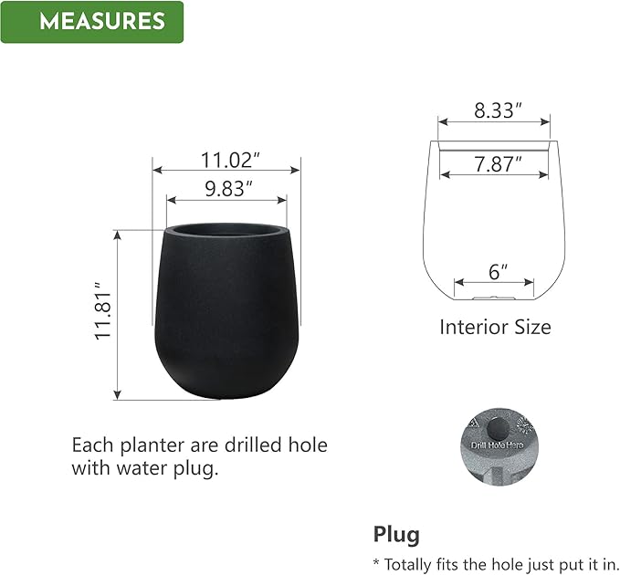 11.8 Inch Plastic Tall Planters for Outdoor Plants, Modern Black Round Tapered Flower Pot for Outdoor and Indoor Plants, Large Plant Pot with Drainage Holes and Rubber Plug for Home Garden Patio