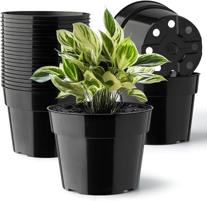 20 Pack Plant Pots, 6 Inch Plastic Plant Planter with Saucers and Mesh Mats, Durable Flower Pots with Drainage Holes Perfect for Indoor Outdoor, Black