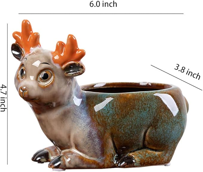 WAIT FLY Cute Animal Ceramic Flower Pot Succulent Planter-Deer