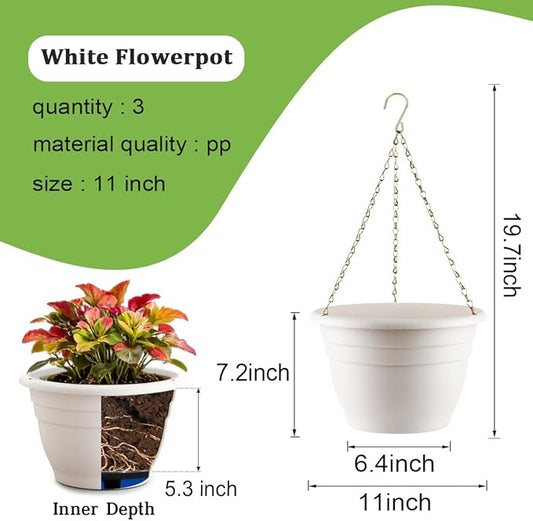 Hanging Planters 11 Inch, 3 Pcs Flower Pots with Drainage Hole, Self Watering Hanging Basket for Indoor Outdoor Plants, Decor, White