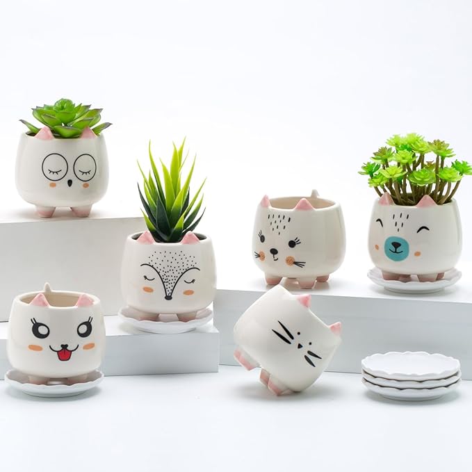 B SEPOR 6Pack 3.4inch Small Ceramic Animal Planter Pots for Baby Succulent with Drainage and Bamboo Tray Window Sill Gift for Girl(Sitting Cats)
