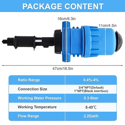 0.4%~4% Adjustable Fertilizer Injector for Drip Irrigation, Automatic Chemical Liquid Dosing Pump, 2.2~13 Gallons/H Flow Rate, Drip Irrigation Fertilizer Injector for Livestock Industry Garden