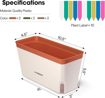 VIVOSUN Self-Watering Planters, 12-Pack 10.5 Inch Compact Rectangular Window Herb Planter Box with 10 PCS Plant Labels, Plant Container for Basil, Flowers, Succulents, Indoor & Outdoor