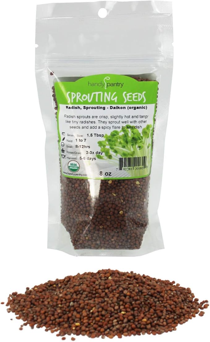 Handy Pantry Organic Radish Sprouting Seed - 8oz. Non-GMO Daikon Radish Seeds - Seeds for Planting, Sprouting, & Microgreens