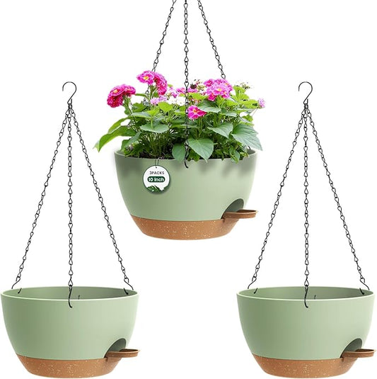 3 Pack 10 Hanging Flower Pots with Chains Self Watering Plastic Planters for Indoor Outdoor Plants, Sturdy Triangular Iron Chain Design for Garden PorchPlastic hanging flower pots (3, Green Brown)