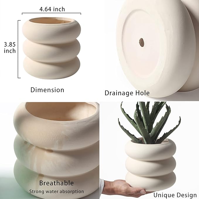 Ceramic Plant Pot Indoor, 4.5 Inch Beige Unglazed Flower Pot with Drainage Hole, Small Bubble Design Ceramic Planter for Home & Office Decor