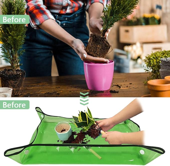 Waterproof 39.4"*29.5" Repotting Mat for Indoor Plants Transplanting, Heavy Duty Potting Tray for Mess Control, Succulent Potting, Garden Mat, Bonsai Tools for Plant Lover, Clear Green