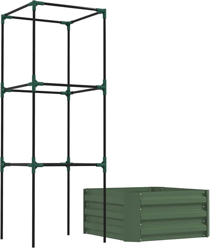 Outsunny Galvanized Raised Garden Bed, 55" Tall Outdoor Planter Box with Trellis Tomato Cage and Open Bottom for Climbing Vines, Vegetables, Flowers in Backyard, Garden, Patio, Green