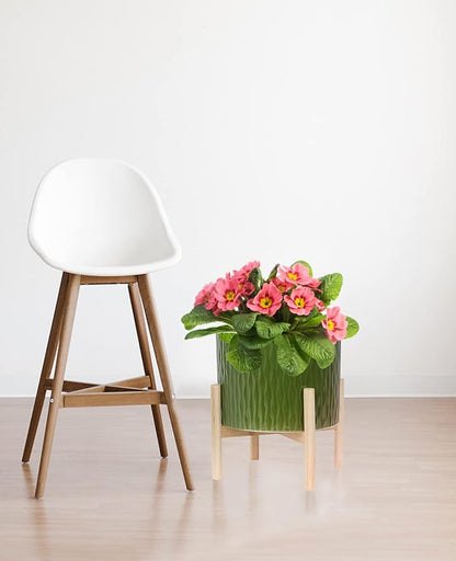 LaDoVita Ceramic Plant Pot with Stand, 10 Inch Planter with Wood Shelf, Modern Round Flower Pots Indoor with Wood Planter Holder, Dark Green Water Ripple Pattern