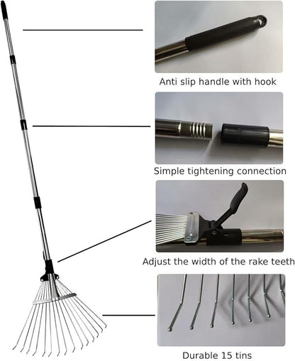 Leaf Rake for Lawns with 53 Gallon Dustpan-Type Leaf Bags,Heavy Duty Metal Garden Yard Rake Long Handle with Expandable Head 7-14" for Gardening Outdoor Camping Shrub Grass Bush Weed